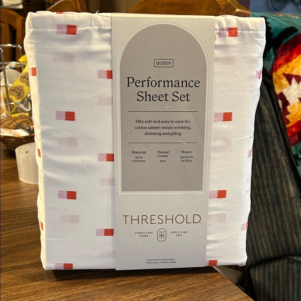 Threshold White Performance Sheet Set with Pink and Red Block Accents